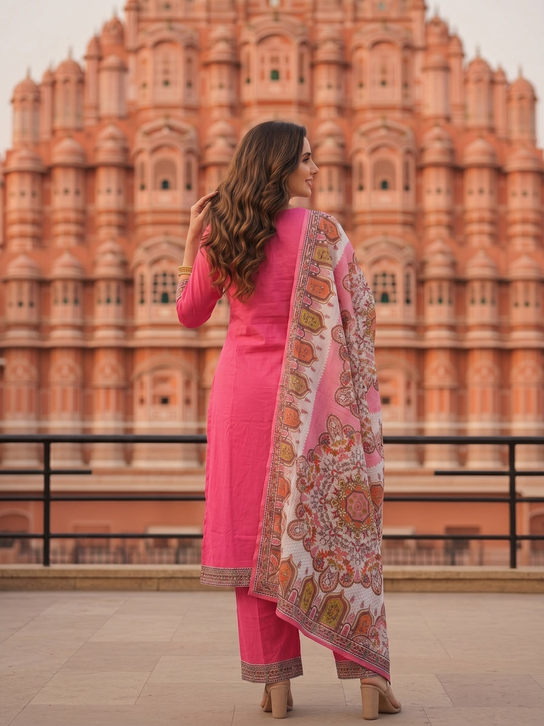 Solid Mirror Work & Sequin Straight Kurta with Palazzo & Dupatta - Pink