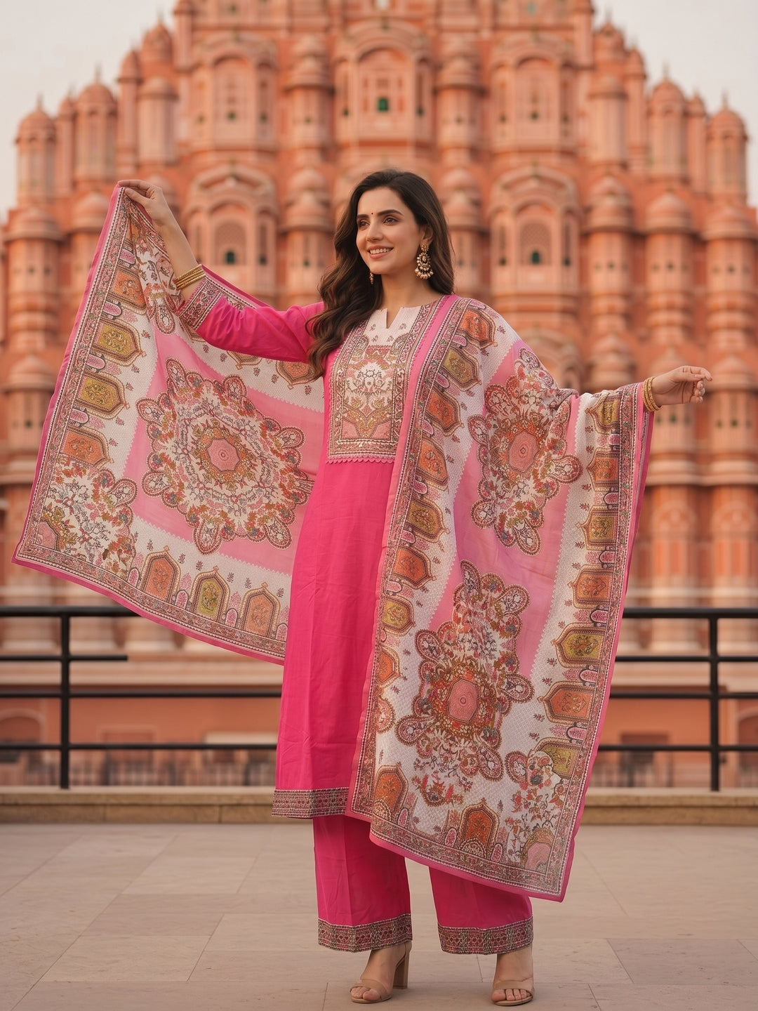Solid Mirror Work & Sequin Straight Kurta with Palazzo & Dupatta - Pink