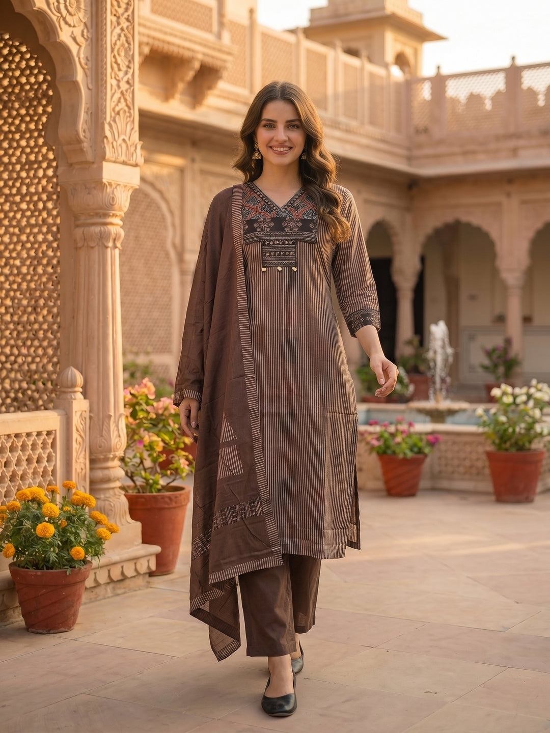 Stripe Print Straight Kurta with Pyjama & Solid Voile Dupatta - Brown