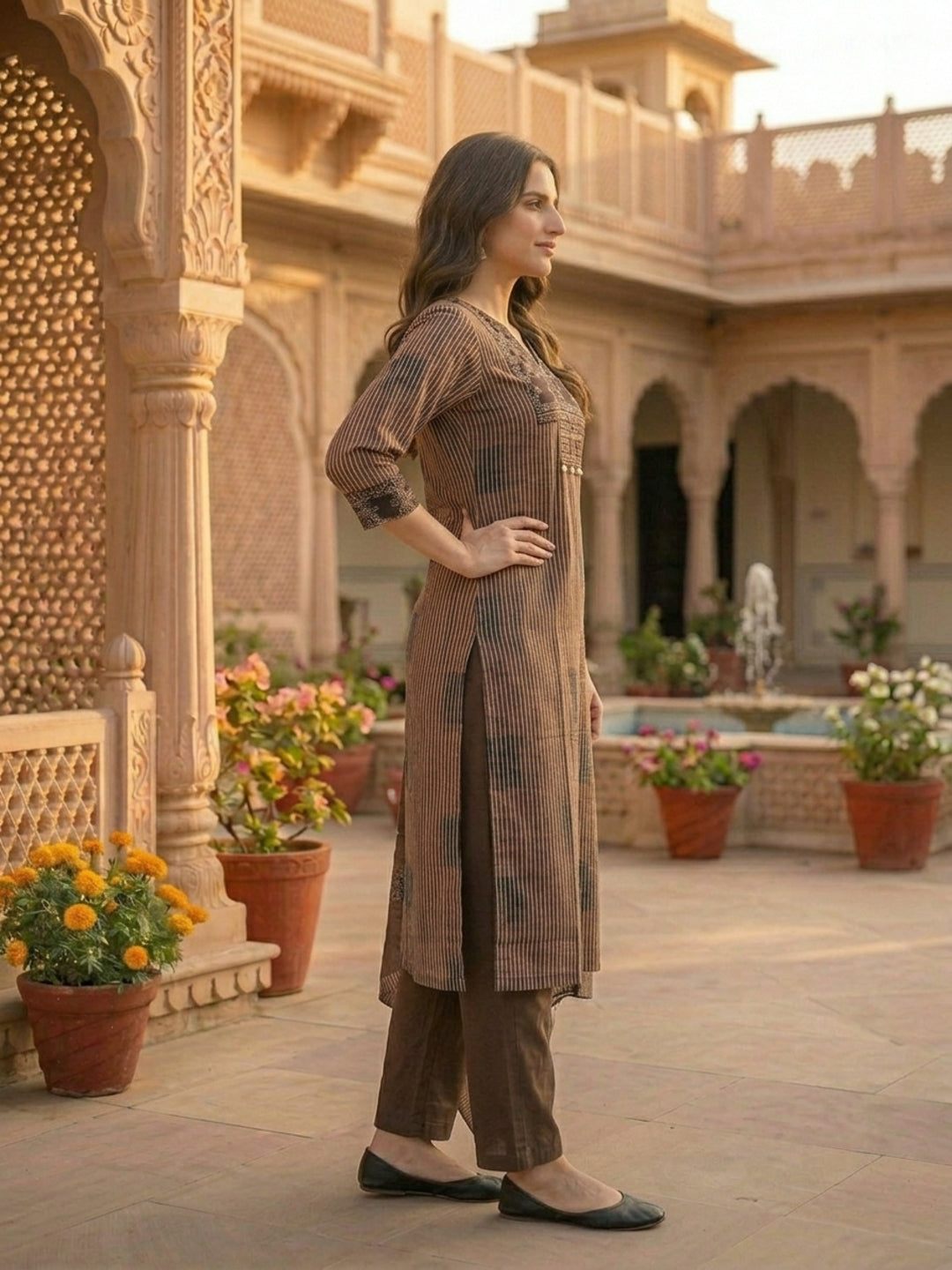 Stripe Print Straight Kurta with Pyjama & Solid Voile Dupatta - Brown