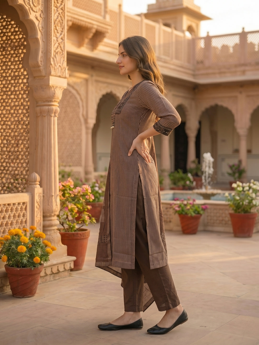 Stripe Print Straight Kurta with Pyjama & Solid Voile Dupatta - Brown