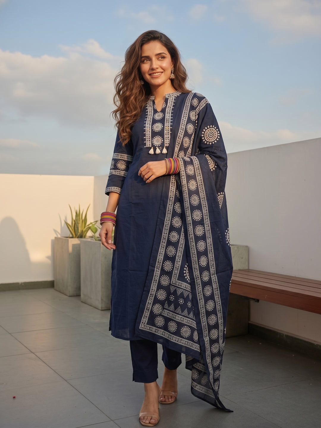 Solid Cotton Straight Kurta with Pyjama & Printed Voile Dupatta - Navy Blue
