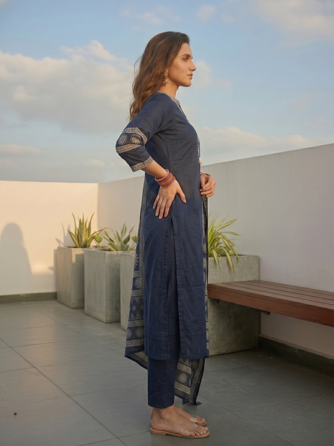 Solid Cotton Straight Kurta with Pyjama & Printed Voile Dupatta - Navy Blue
