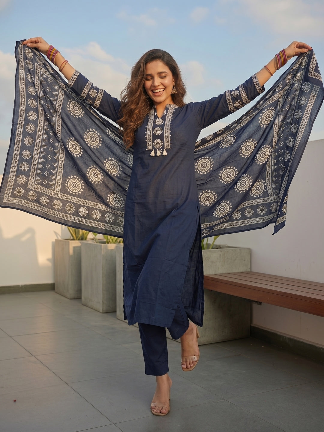 Solid Cotton Straight Kurta with Pyjama & Printed Voile Dupatta - Navy Blue
