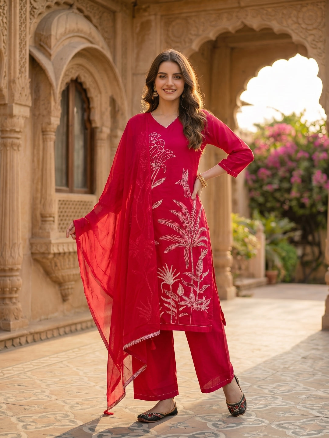 Botanical Embroidered Straight Kurta with Pant & Dupatta - Deep Pink