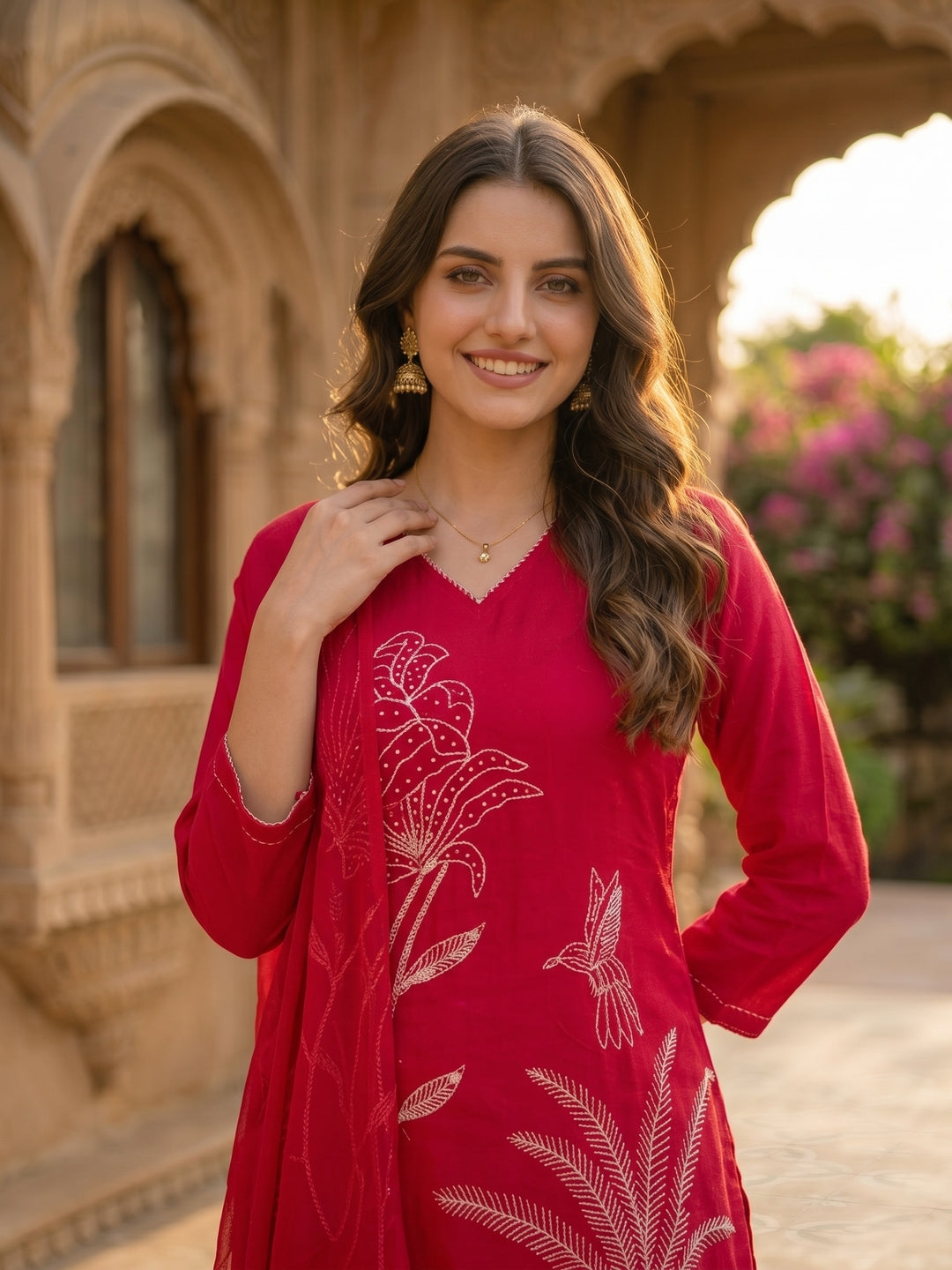 Botanical Embroidered Straight Kurta with Pant & Dupatta - Deep Pink
