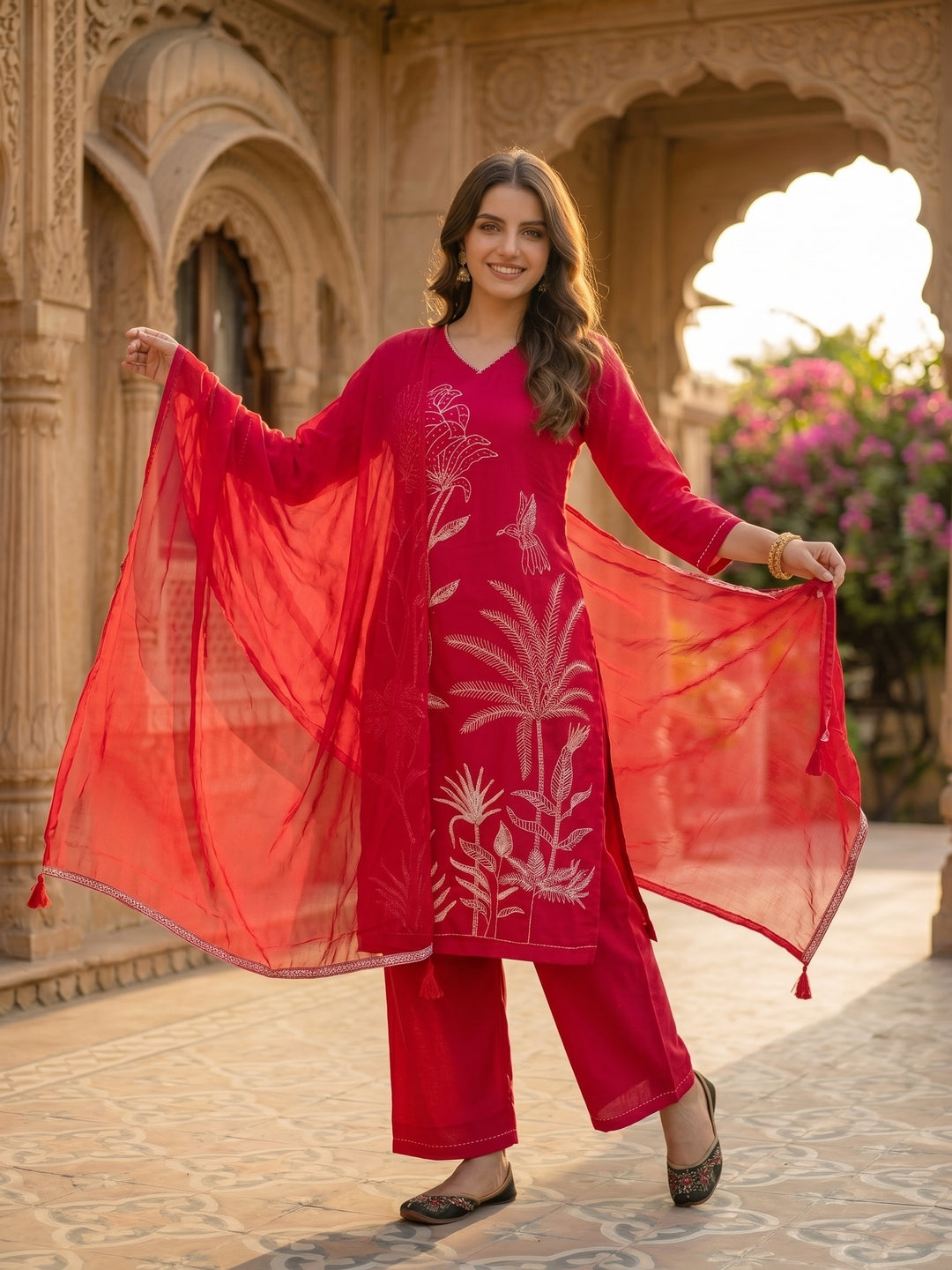 Botanical Embroidered Straight Kurta with Pant & Dupatta - Deep Pink