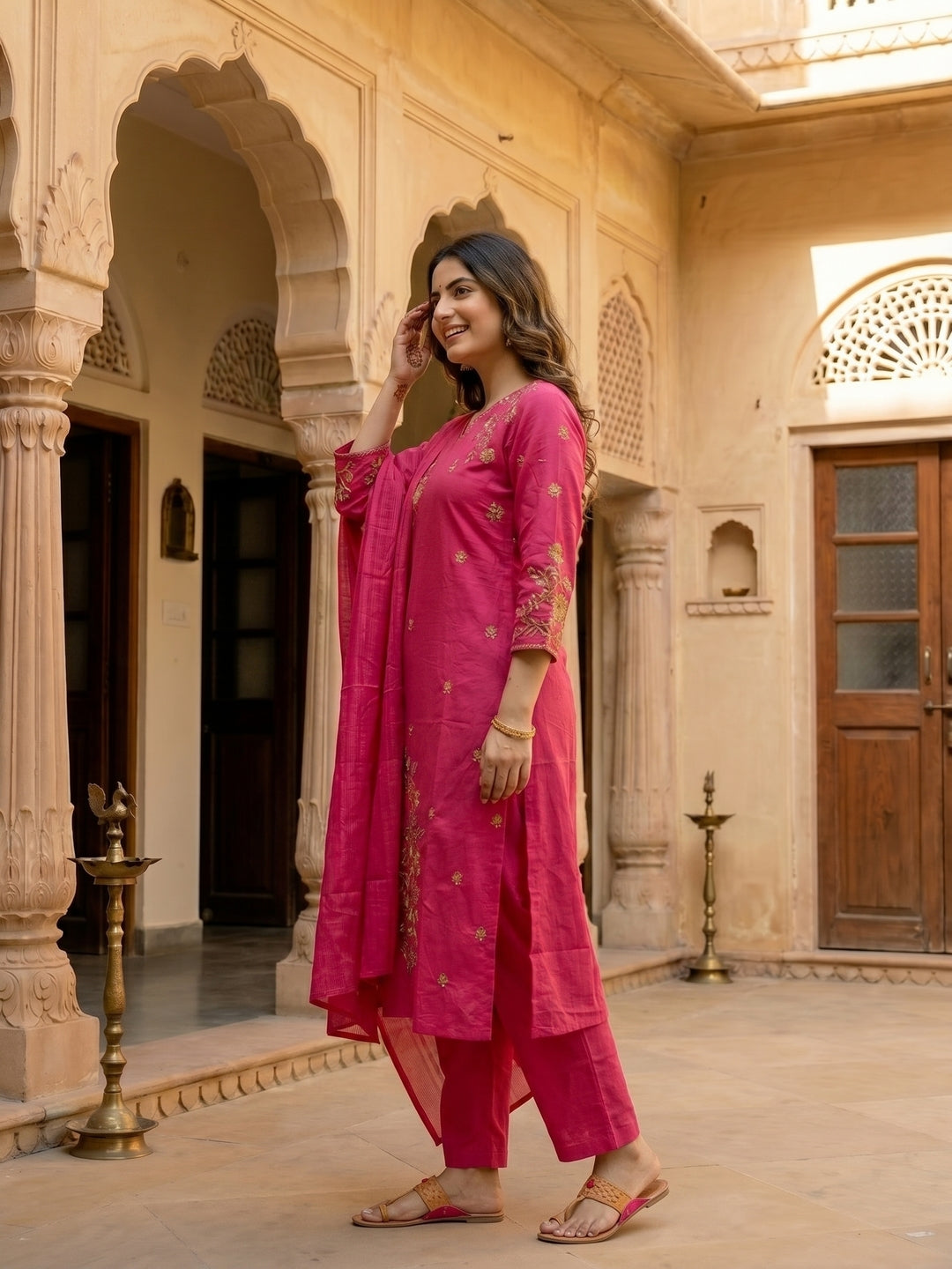 Floral Embroidered Straight Cotton Kurta with Pant & Voile Dupatta - Pink