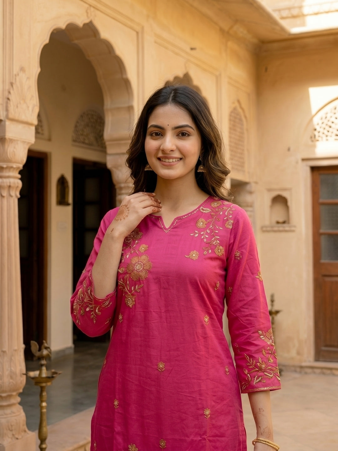 Floral Embroidered Straight Cotton Kurta with Pant & Voile Dupatta - Pink