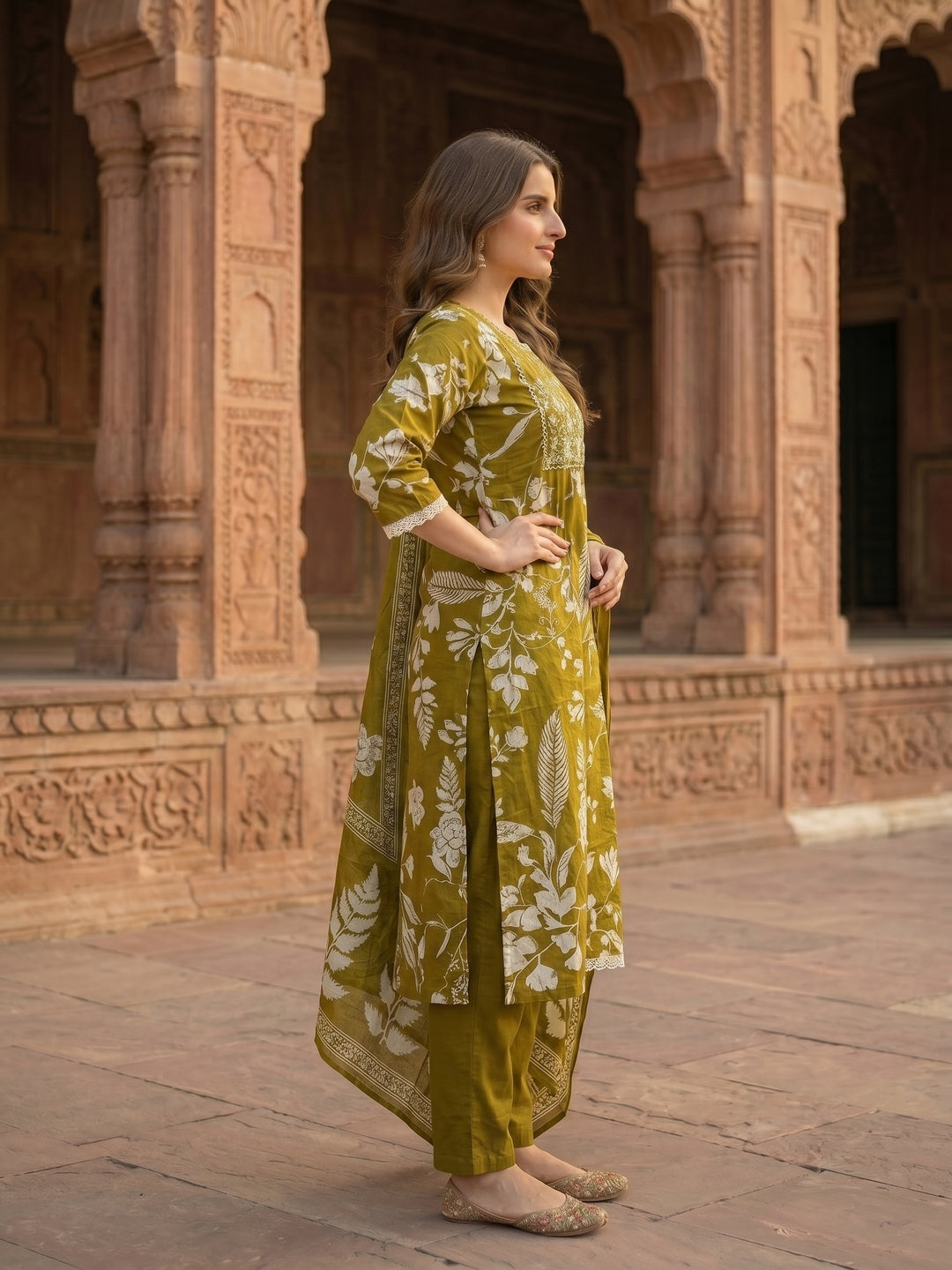 Floral Printed Mirror Work & Embroidered Straight Kurta with Pant & Dupatta - Olive
