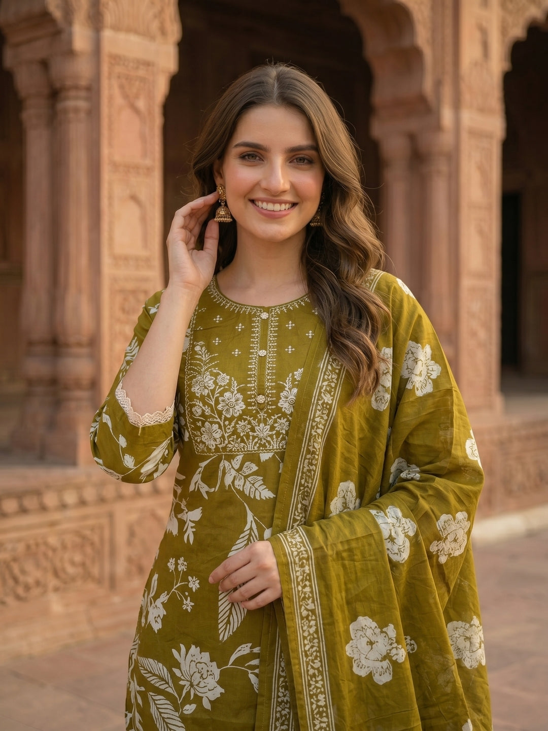 Floral Printed Mirror Work & Embroidered Straight Kurta with Pant & Dupatta - Olive