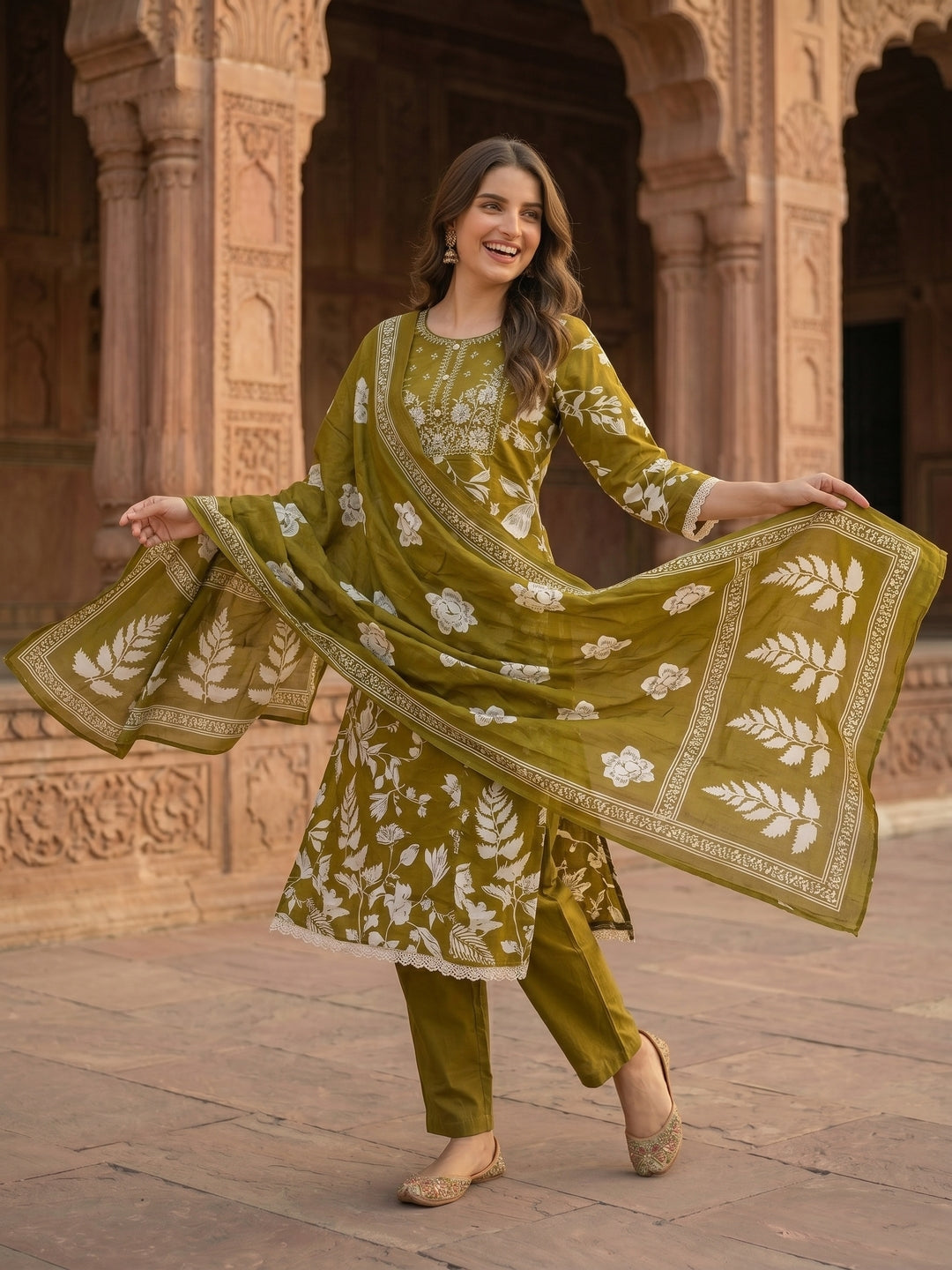 Floral Printed Mirror Work & Embroidered Straight Kurta with Pant & Dupatta - Olive