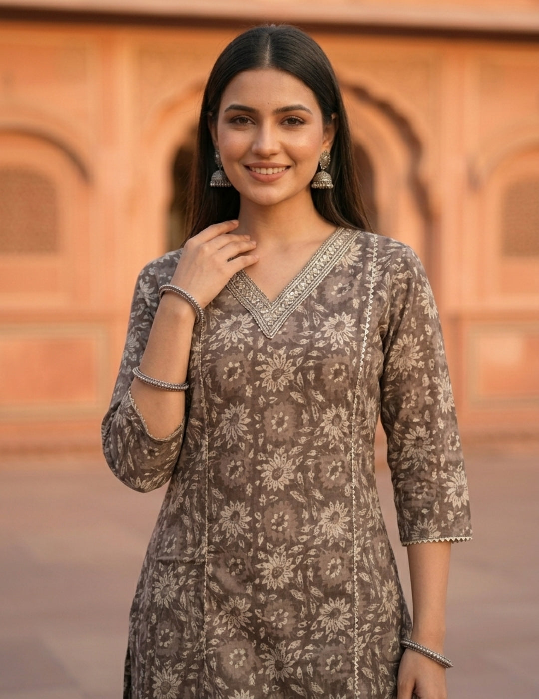 Floral Printed Mirror Work & Embroidered Straight Kurta with Pant & Dupatta - Grey