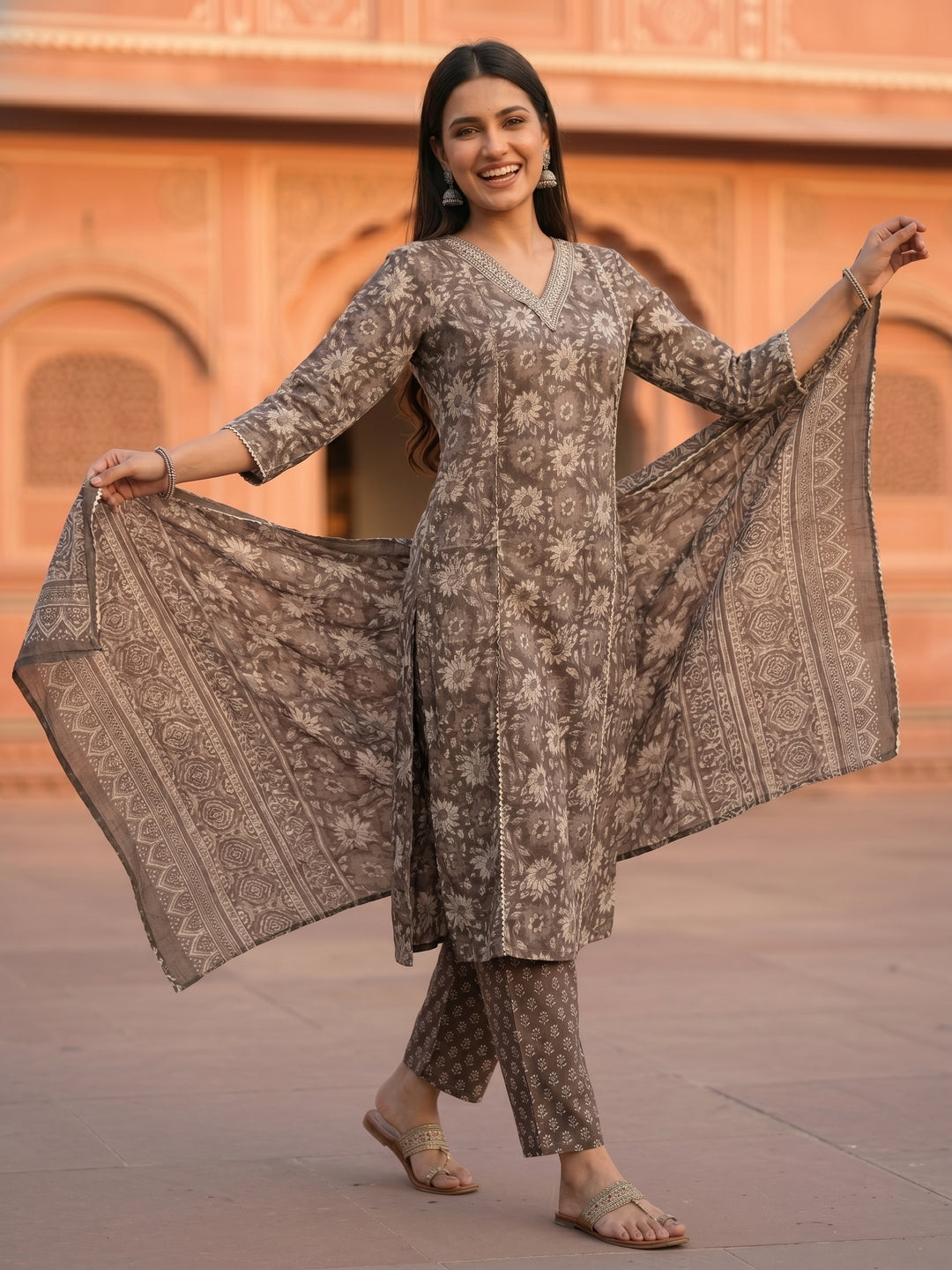 Floral Printed Mirror Work & Embroidered Straight Kurta with Pant & Dupatta - Grey
