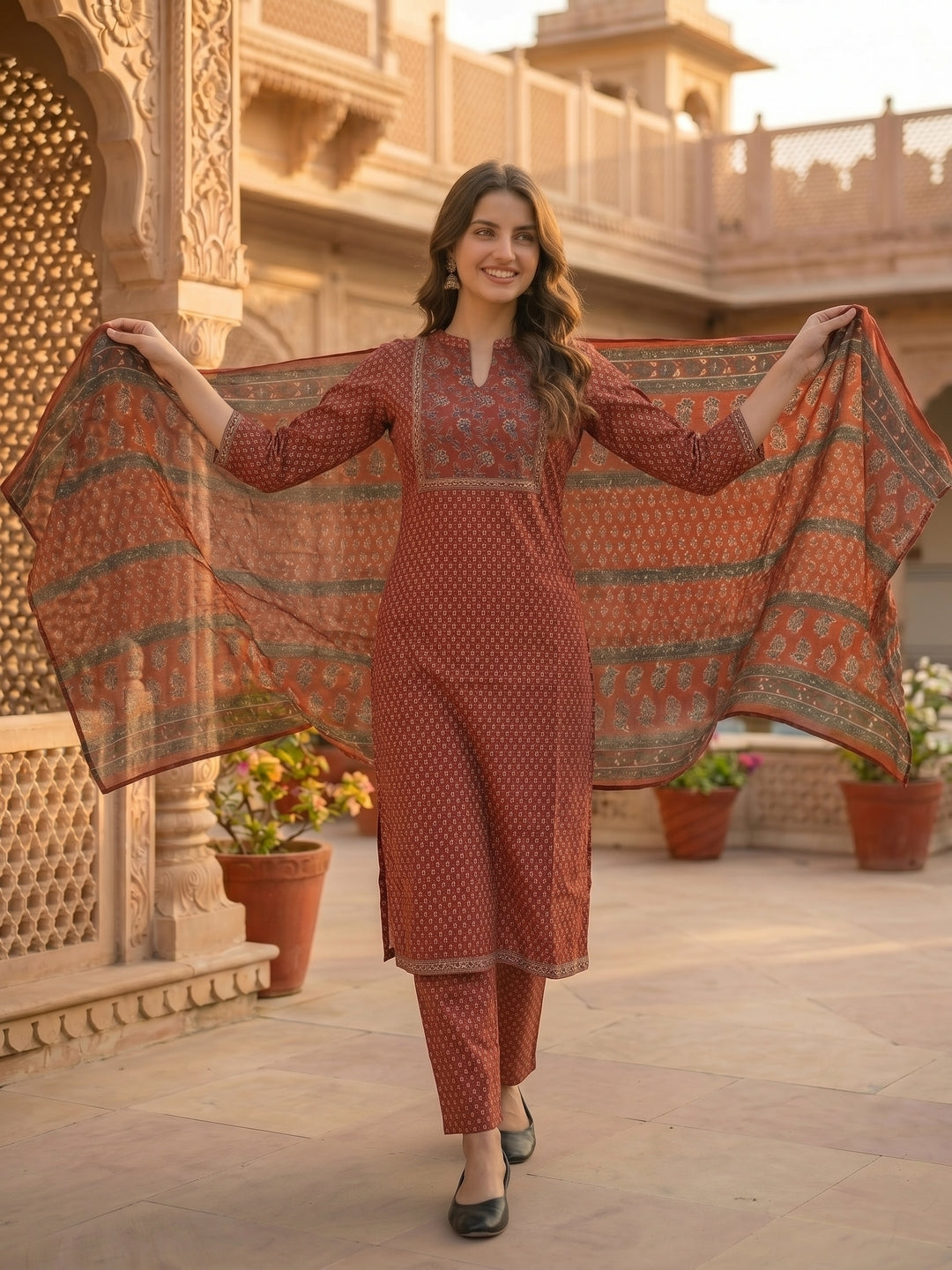 Ethnic Printed & Mirror Work Straight Kurta with Pant & Dupatta - Maroon