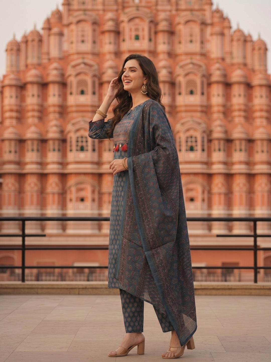 Ajrakh Print Straight Kurta with Pant & Printed Voile Dupatta - Blue