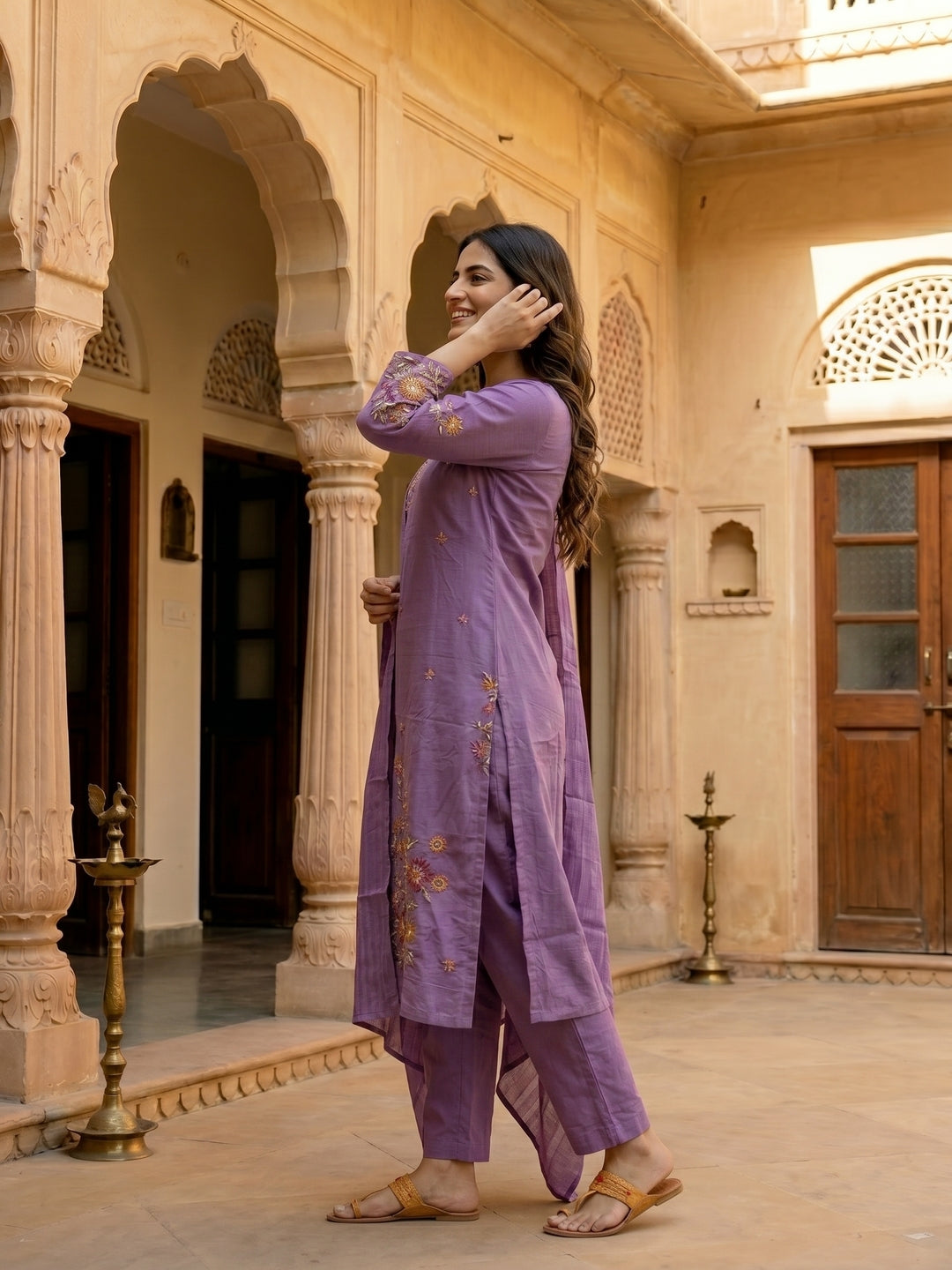 Floral Embroidered Straight Kurta with Pant & Dupatta - Lavender