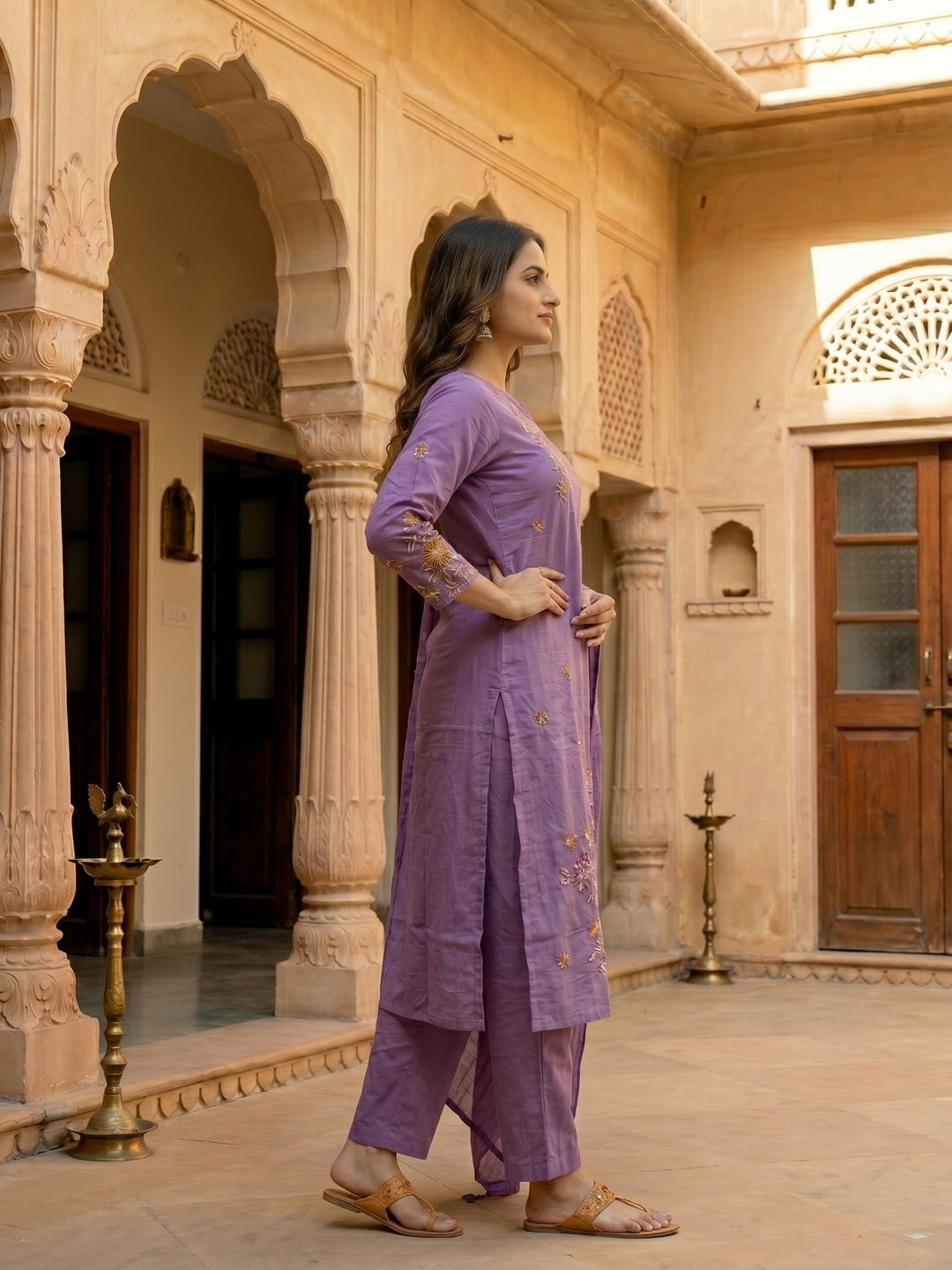 Floral Embroidered Straight Kurta with Pant & Dupatta - Lavender