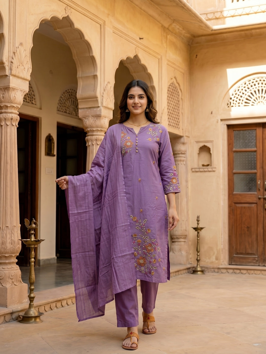 Floral Embroidered Straight Kurta with Pant & Dupatta - Lavender
