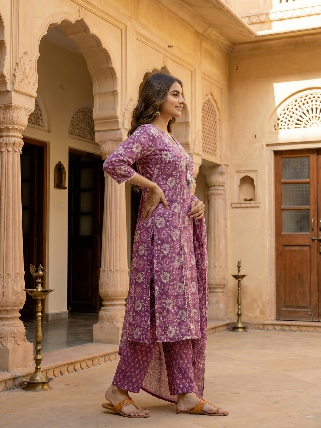 Ethnic Floral Printed & Mirror Work Straight Kurta with Pant & Dupatta - Purple