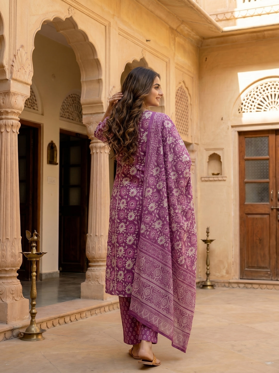 Ethnic Floral Printed & Mirror Work Straight Kurta with Pant & Dupatta - Purple