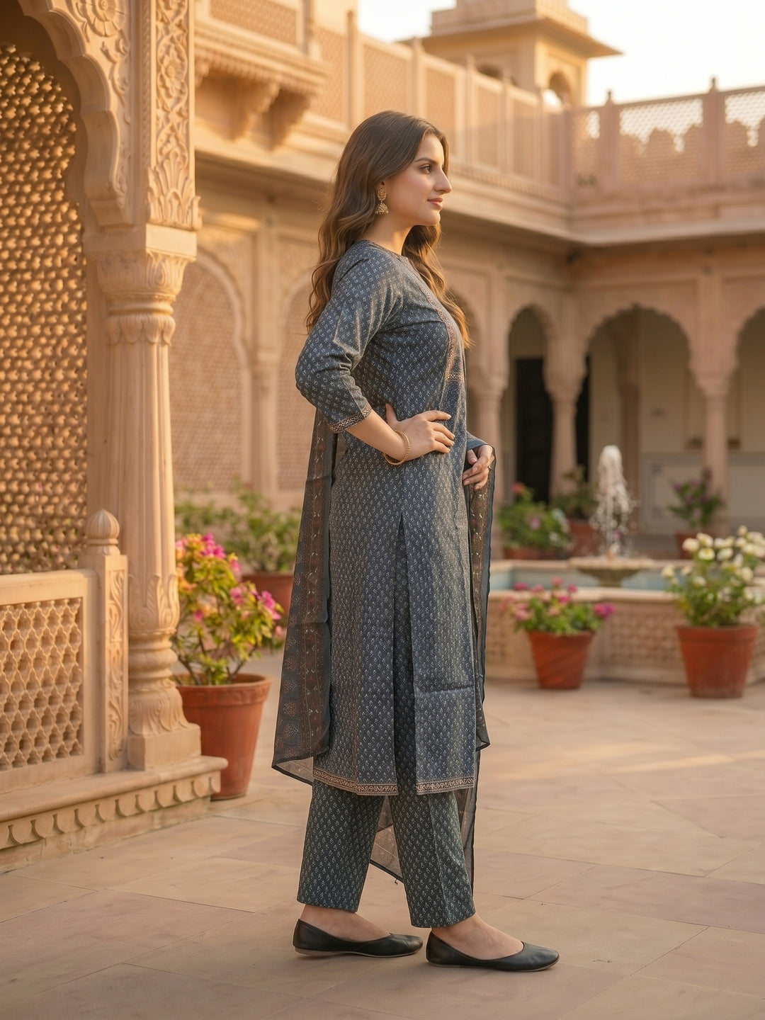 Ajrakh Print Embroidered Straight Kurta with Pant & Printed Voile Dupatta - Blue