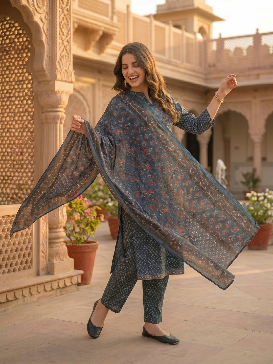 Ajrakh Print Embroidered Straight Kurta with Pant & Printed Voile Dupatta - Blue