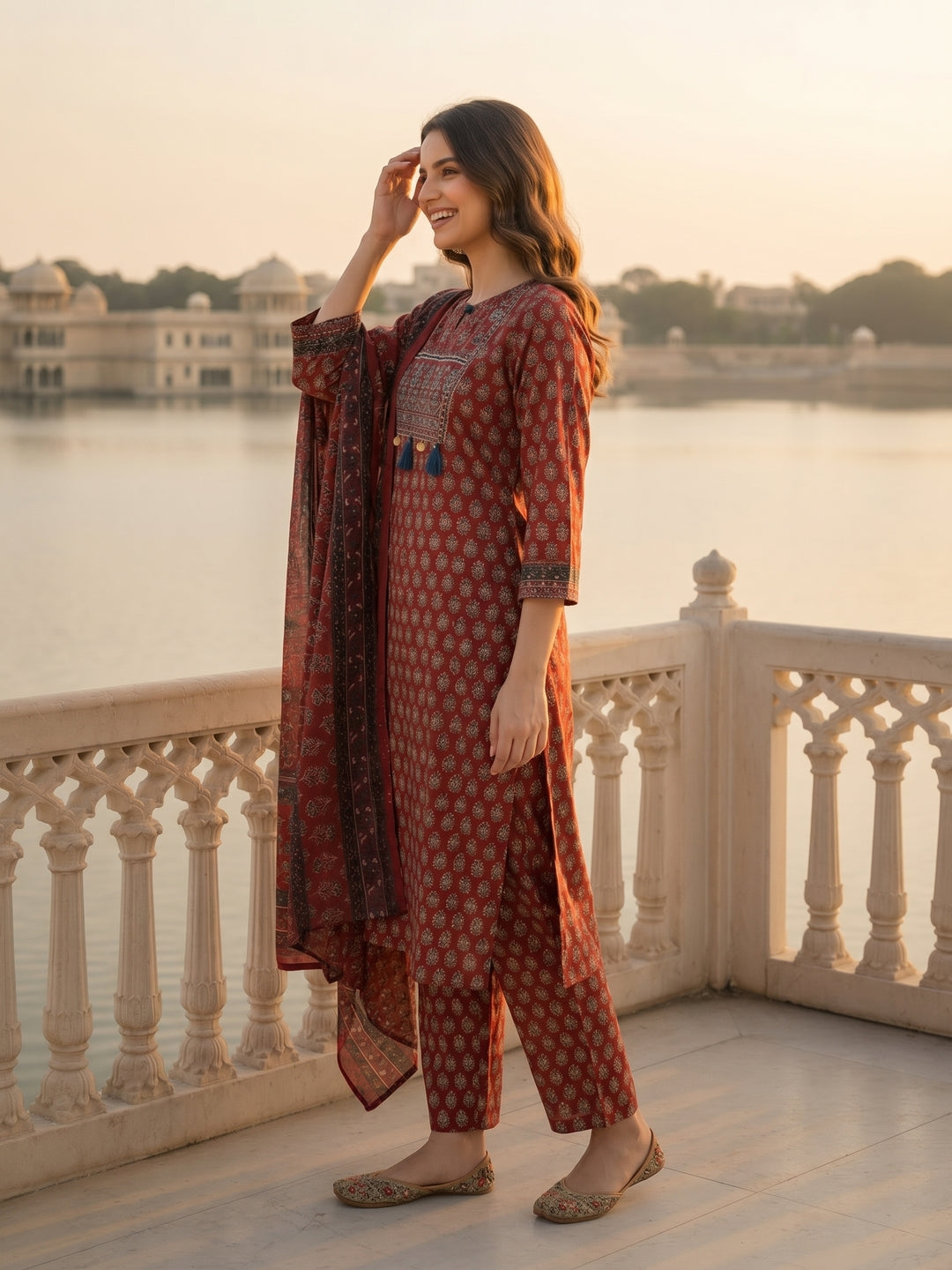 Ajrakh Ethnic Printed Mirror Work & Embroidered Straight Kurta with Pant & Dupatta - Maroon