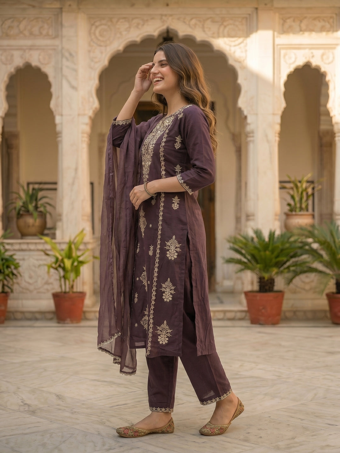 Solid Thread Embroidered & Sequin Straight Kurta with Palazzo & Dupatta - Purple