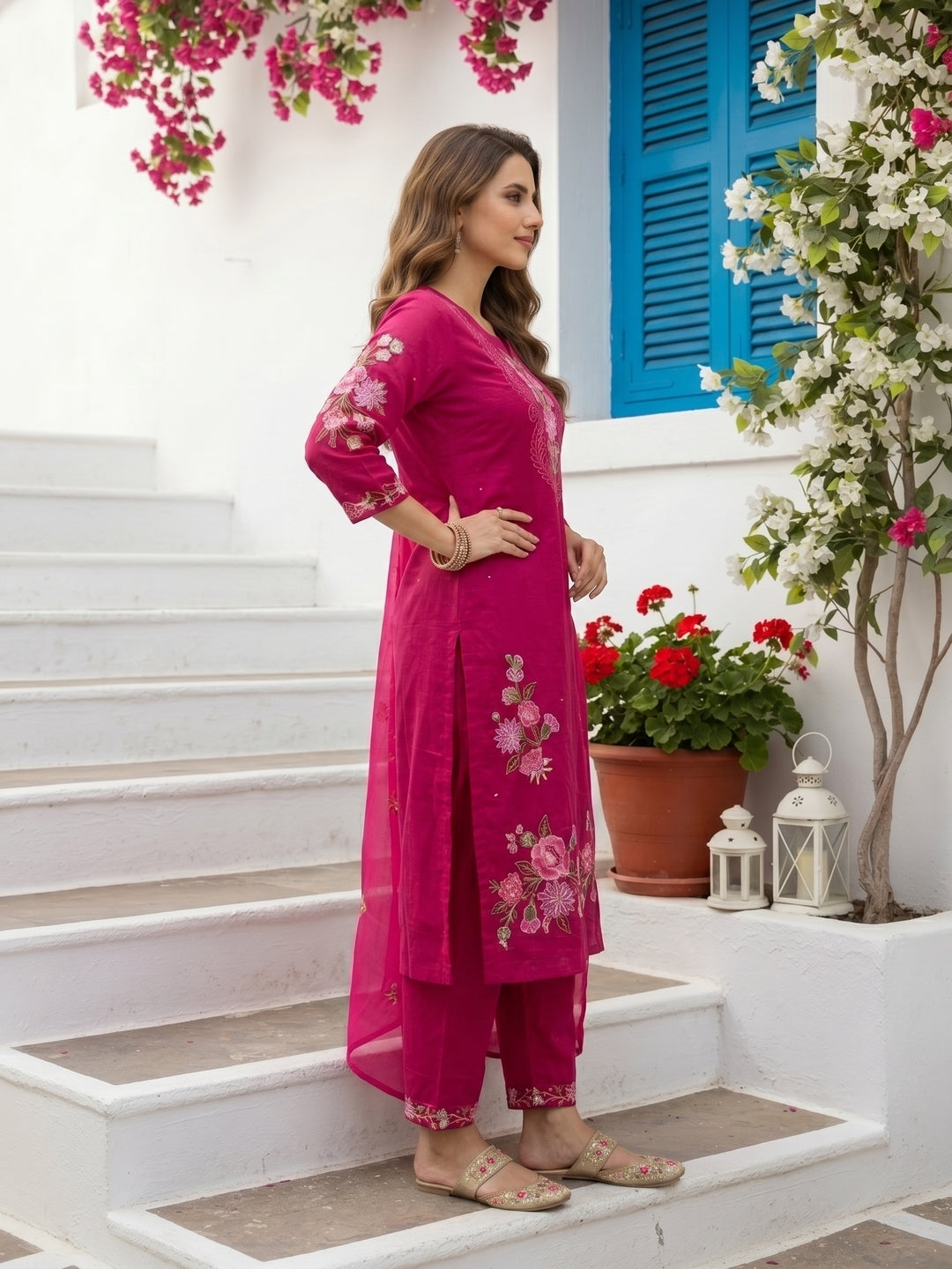 Solid Embroidered Yoke Straight Kurta with Pyjama & Dupatta - Magenta