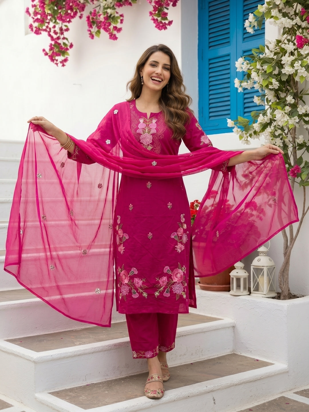 Solid Embroidered Yoke Straight Kurta with Pyjama & Dupatta - Magenta