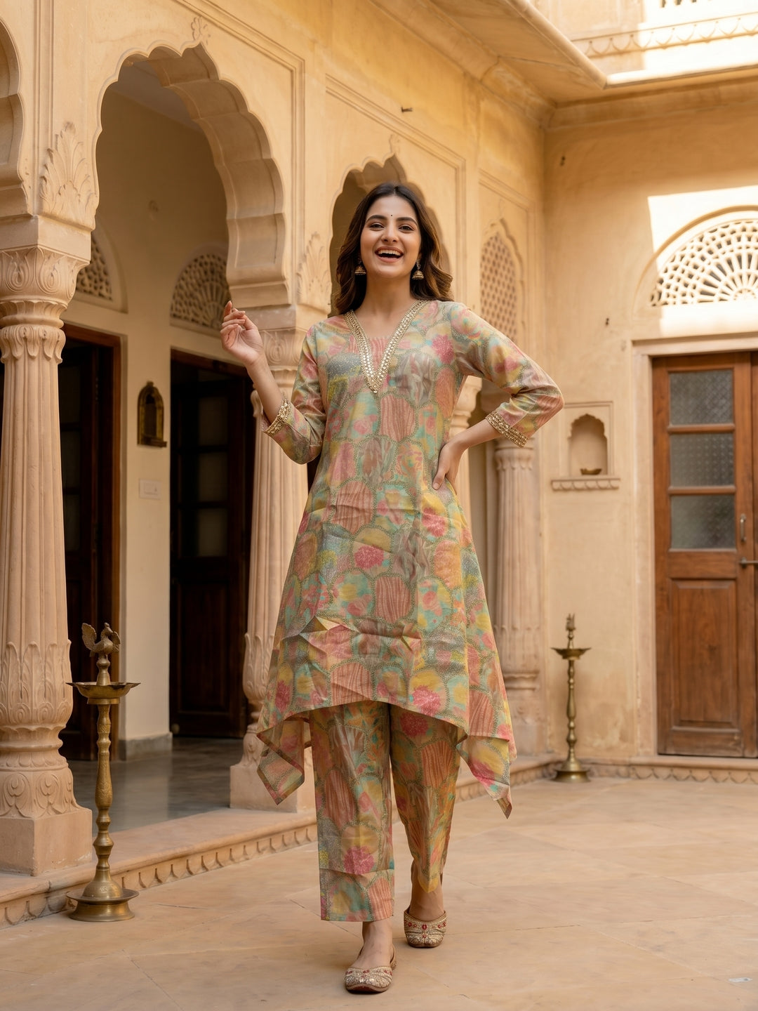 Multi Ethnic Printed Embroidered A-Line Kurta Co-ord Set with Palazzo