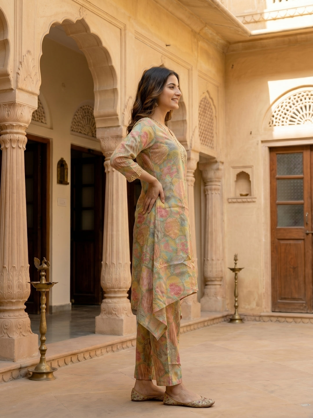 Multi Ethnic Printed Embroidered A-Line Kurta Co-ord Set with Palazzo