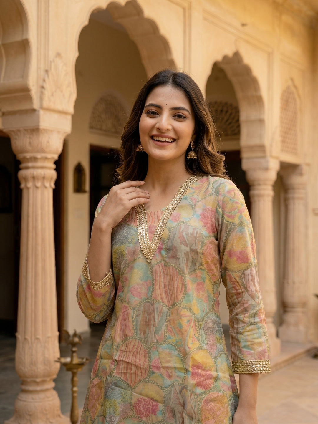 Multi Ethnic Printed Embroidered A-Line Kurta Co-ord Set with Palazzo