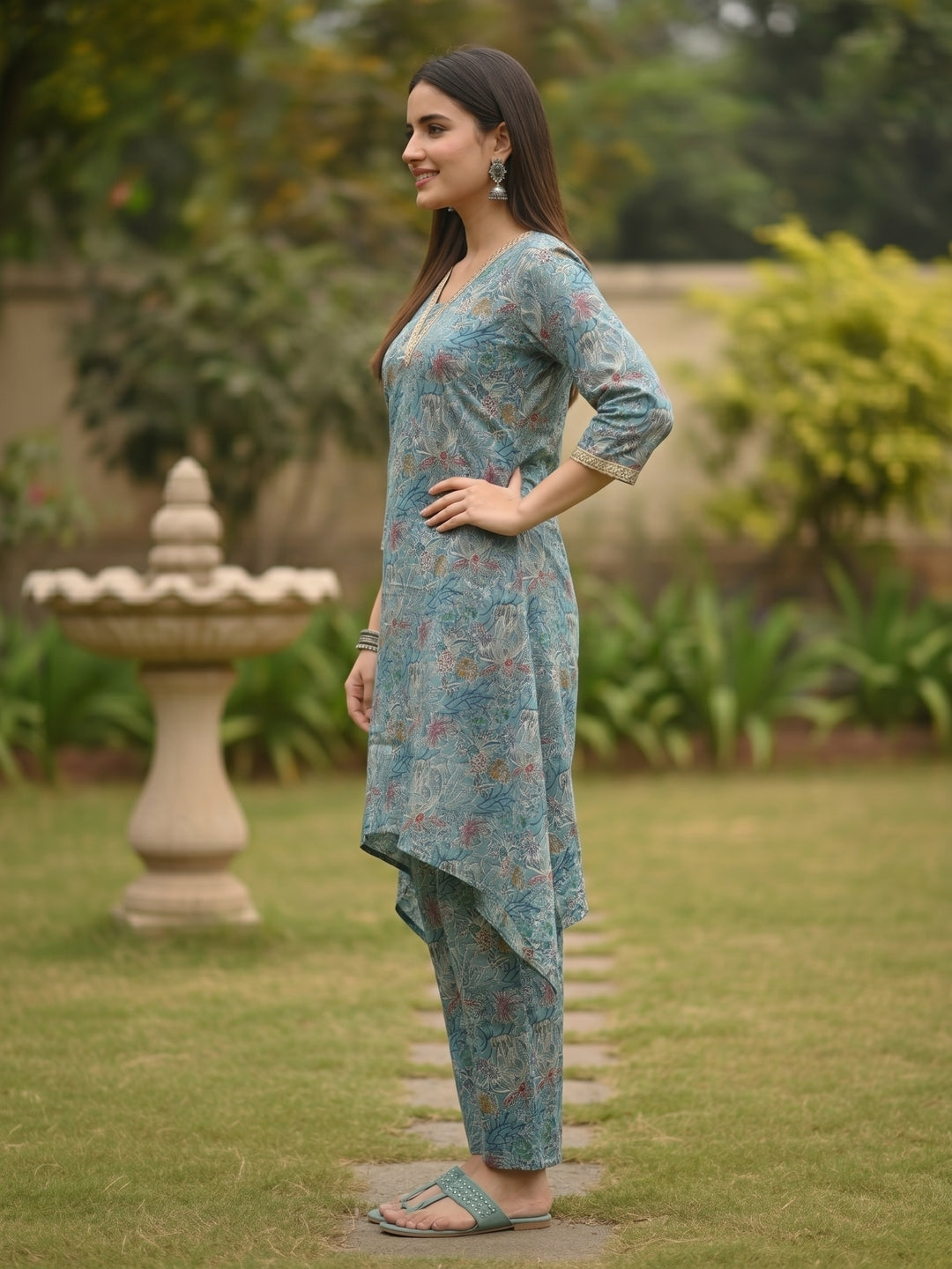 Ethnic Floral Printed & Lace A-Line Kurta with Palazzo Co-ord Set - Green