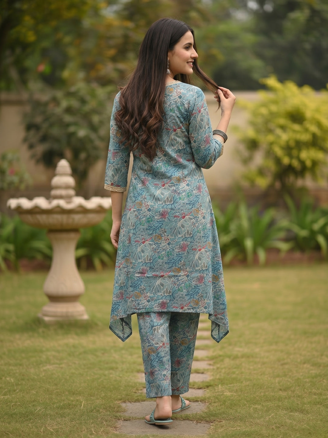 Ethnic Floral Printed & Lace A-Line Kurta with Palazzo Co-ord Set - Green