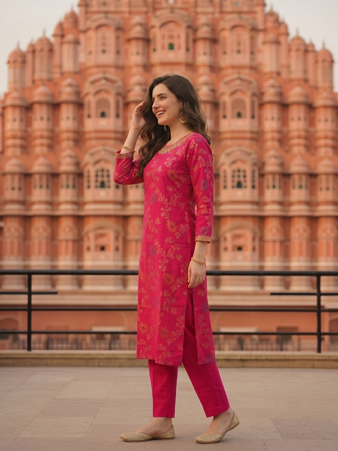 Floral Foil Printed & Embroidered Straight Kurta with Pant - Rani