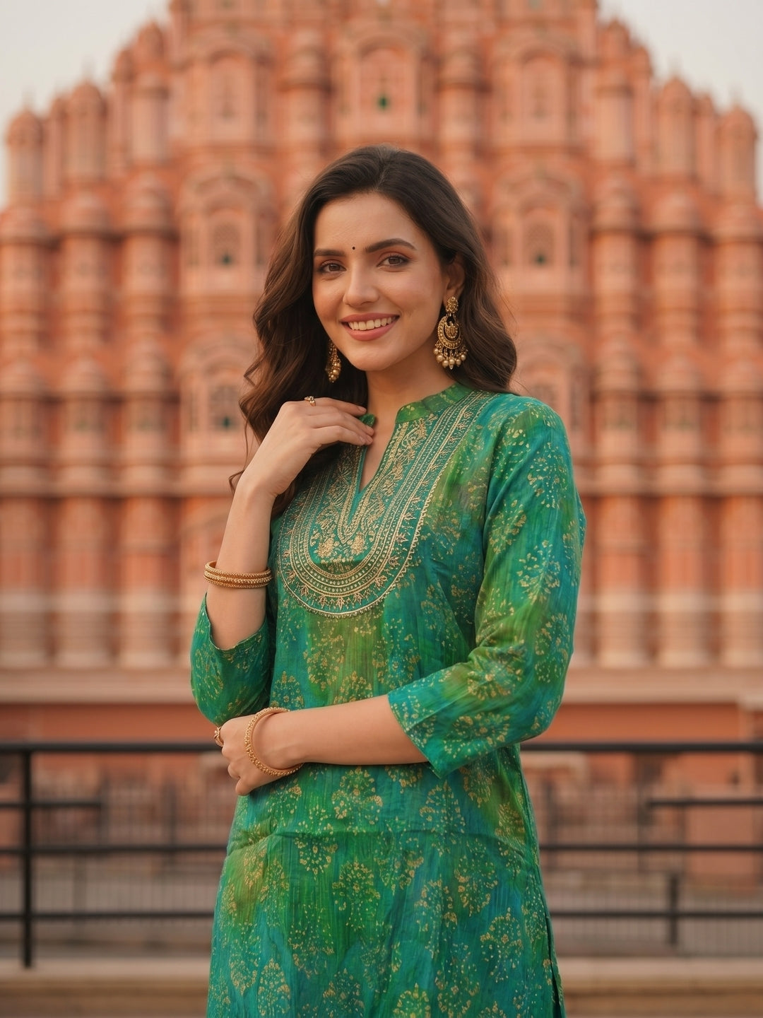 Ethnic Dabu Printed & Embroidered A-Line Co-ord Set - Green