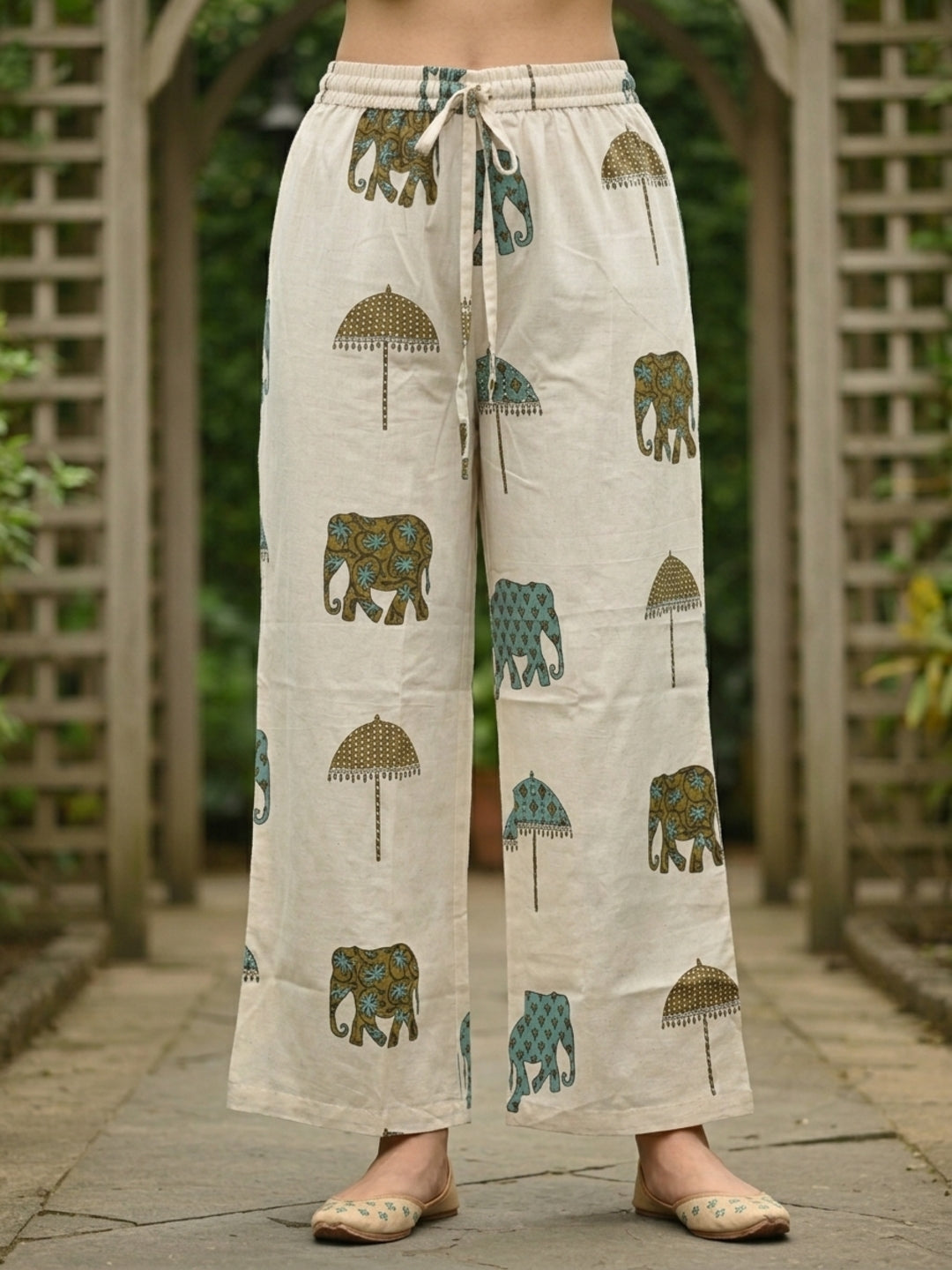 Ethnic Printed Straight Kurta with Wide-Leg Trouser Co-ord Set - Ivory