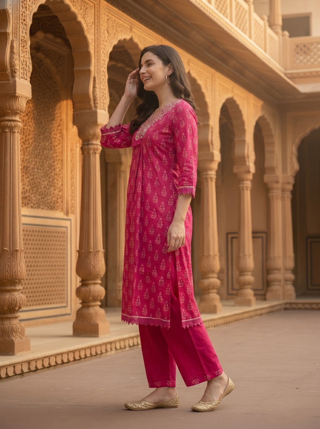 Ethnic Floral Printed & Coin Mirror Resham Embroidered A-Line Kurta with Pant - Pink