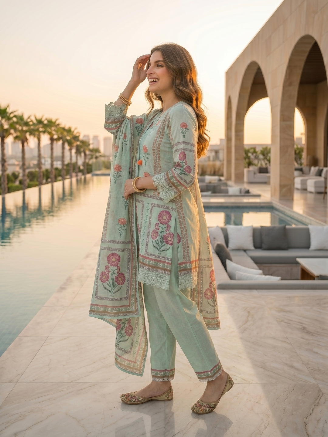 Ethnic Floral Printed Straight Fit Kurta with Pant and Dupatta - Mint Green