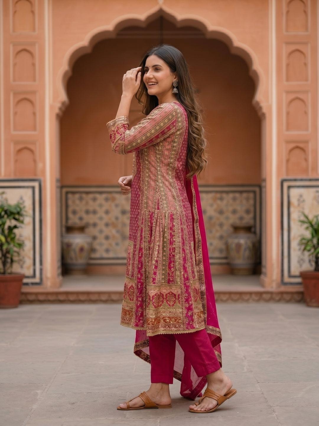Ethnic Floral Printed & Embroidered A-Line Kurta with Palazzo & Dupatta - Pink