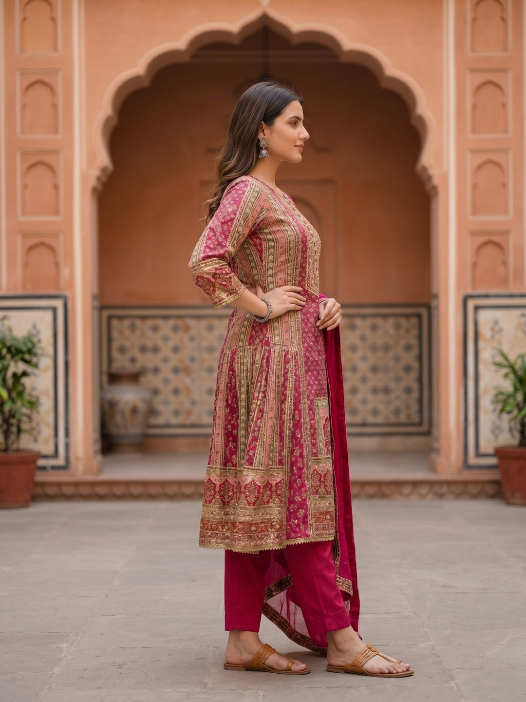 Ethnic Floral Printed & Embroidered A-Line Kurta with Palazzo & Dupatta - Pink