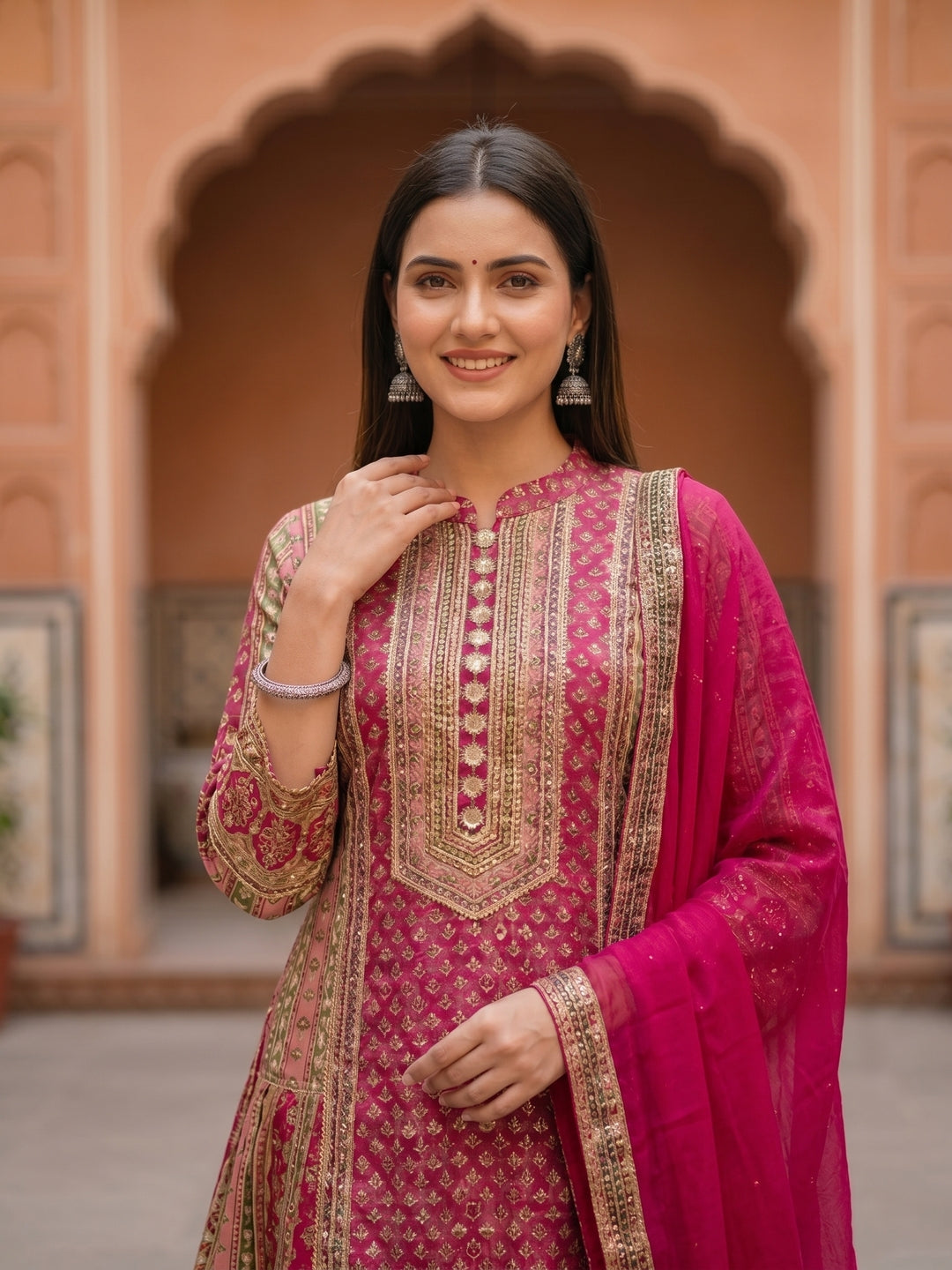 Ethnic Floral Printed & Embroidered A-Line Kurta with Palazzo & Dupatta - Pink