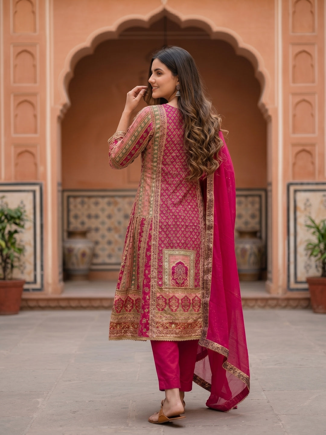 Ethnic Floral Printed & Embroidered A-Line Kurta with Palazzo & Dupatta - Pink
