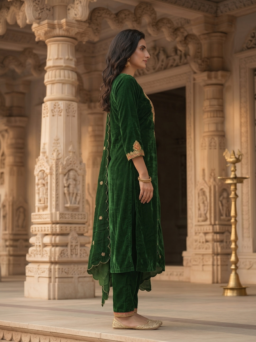 Emerald Green Velvet Zari Embroidered Straight Kurta Set with Pant & Dupatta
