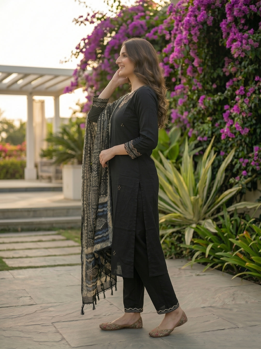 Solid Mirror Work Embroidered Straight Kurta with Pant & Dupatta - Black