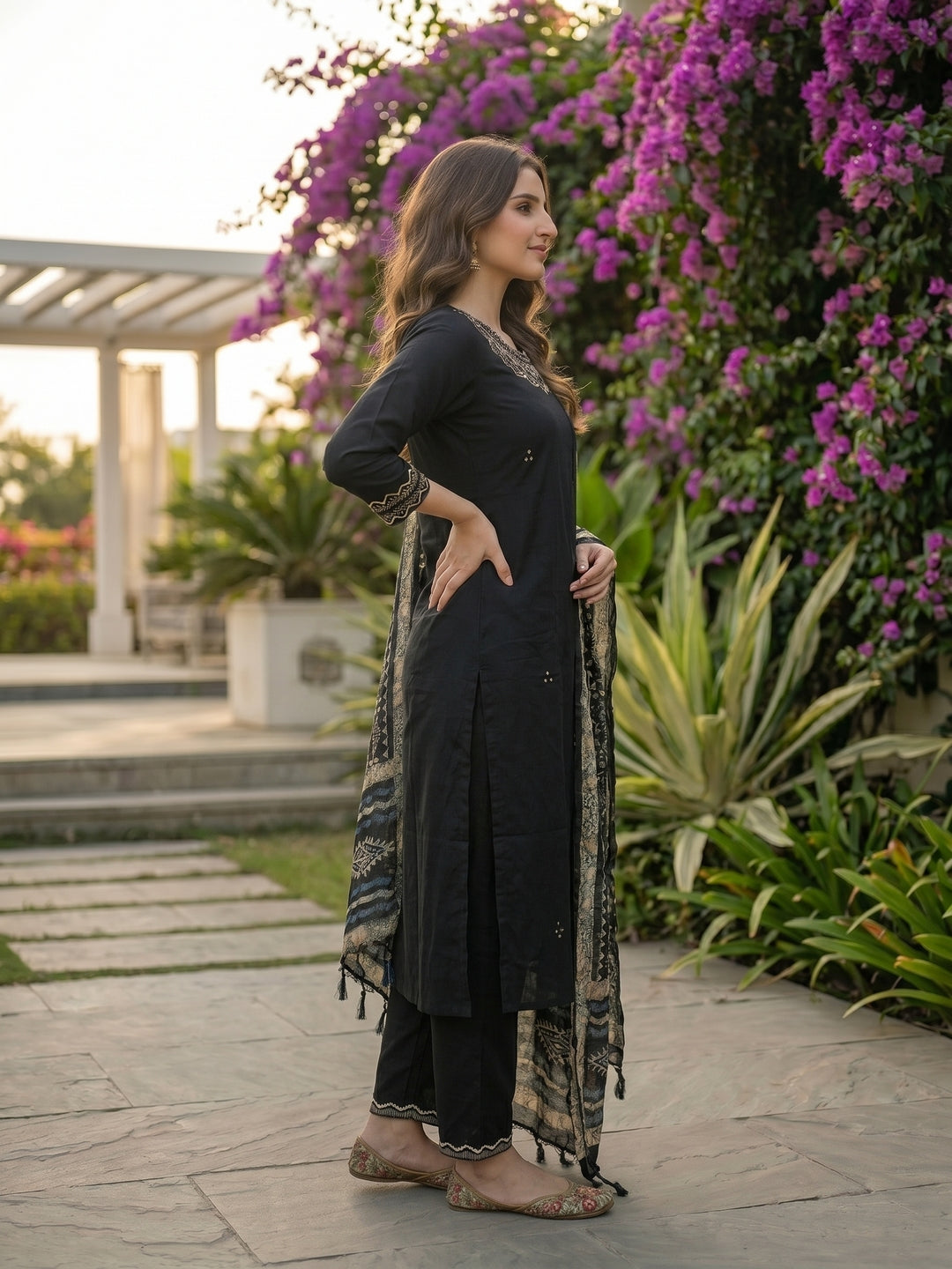 Solid Mirror Work Embroidered Straight Kurta with Pant & Dupatta - Black