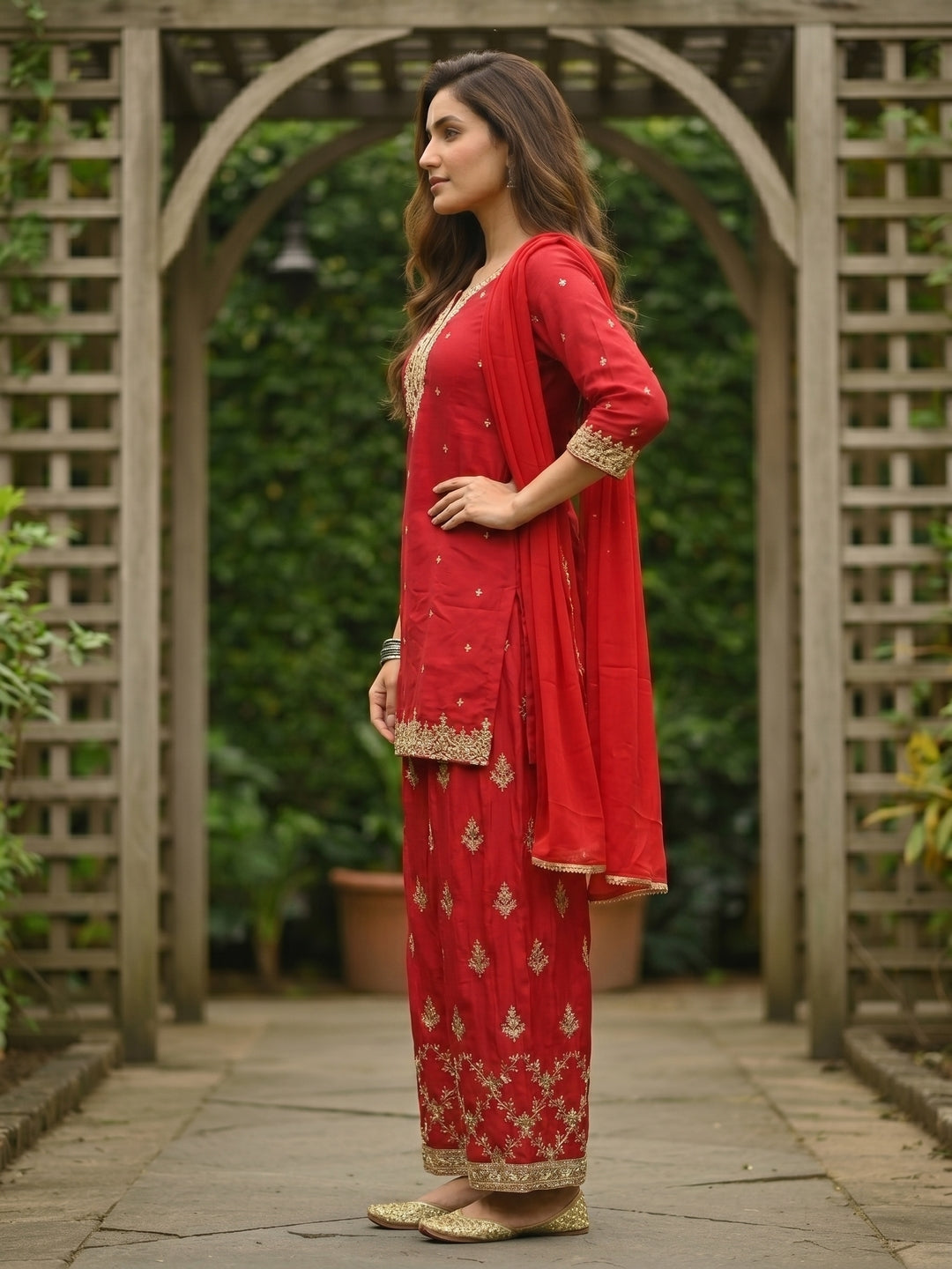 Solid Zari Sequin Embroidered Straight Kurta with Sharara & Dupatta - Rani