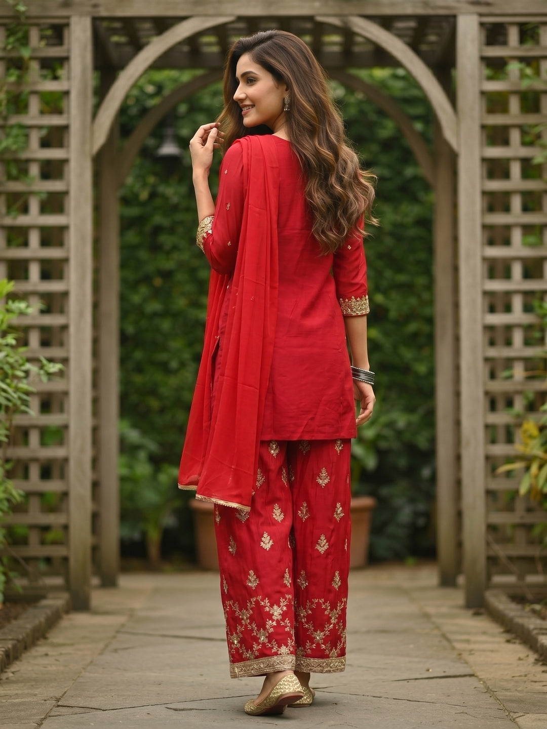 Solid Zari Sequin Embroidered Straight Kurta with Sharara & Dupatta - Rani
